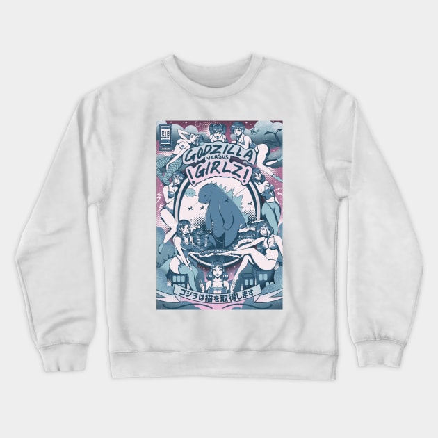 Godzilla Vs Girlz Crewneck Sweatshirt by Mary Bear